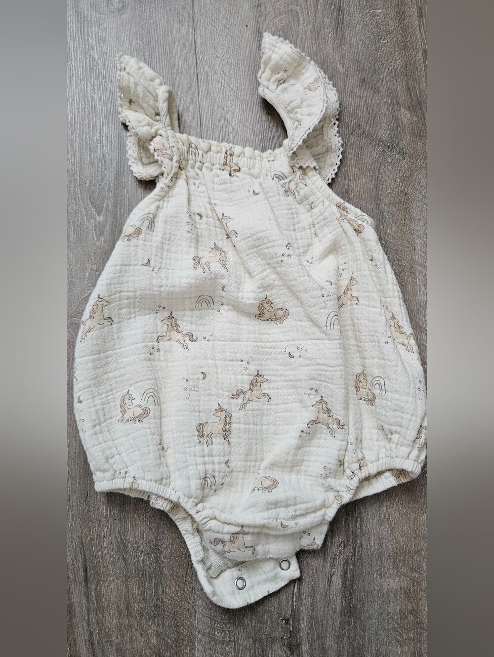 Quincy Mae Cream Unicorn Muslin Romper
